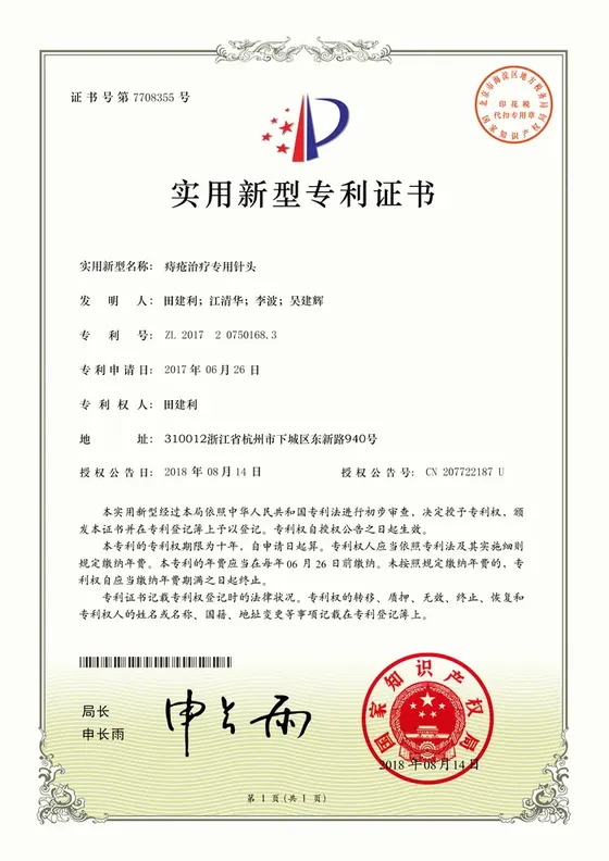 国家实用新型专利证书：痔疮治疗专用针头
